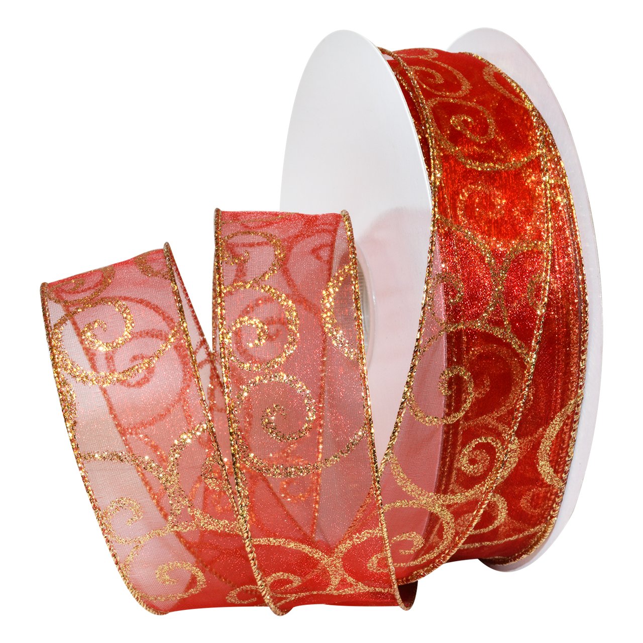 Morex Ribbon Swirl Wired Sheer Glitter Ribbon 1-1/2 inch by 50 Yards, Red/Gold