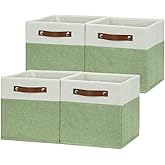HNZIGE Fabric 11x11 Cube Storage Bins, Set of 4, Foldable Storage Cube Bin Baskets for Shelves with Handles, Bins for Cube Organizer Home Toy Nursery Closet(Green White)