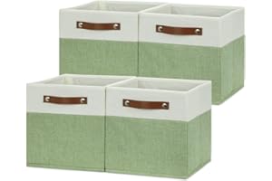 HNZIGE Fabric 11x11 Cube Storage Bins, Set of 4, Foldable Storage Cube Bin Baskets for Shelves with Handles, Bins for Cube Organizer Home Toy Nursery Closet(Green White)