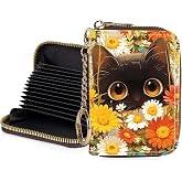 Luoycxy Credit Card Holder for Women,Small Rfid Wallet with Keychain Zipper,Cute PU Leather Card Case Wallet，Accordion Credit Card Wallets Gift,Flowers and Cats C