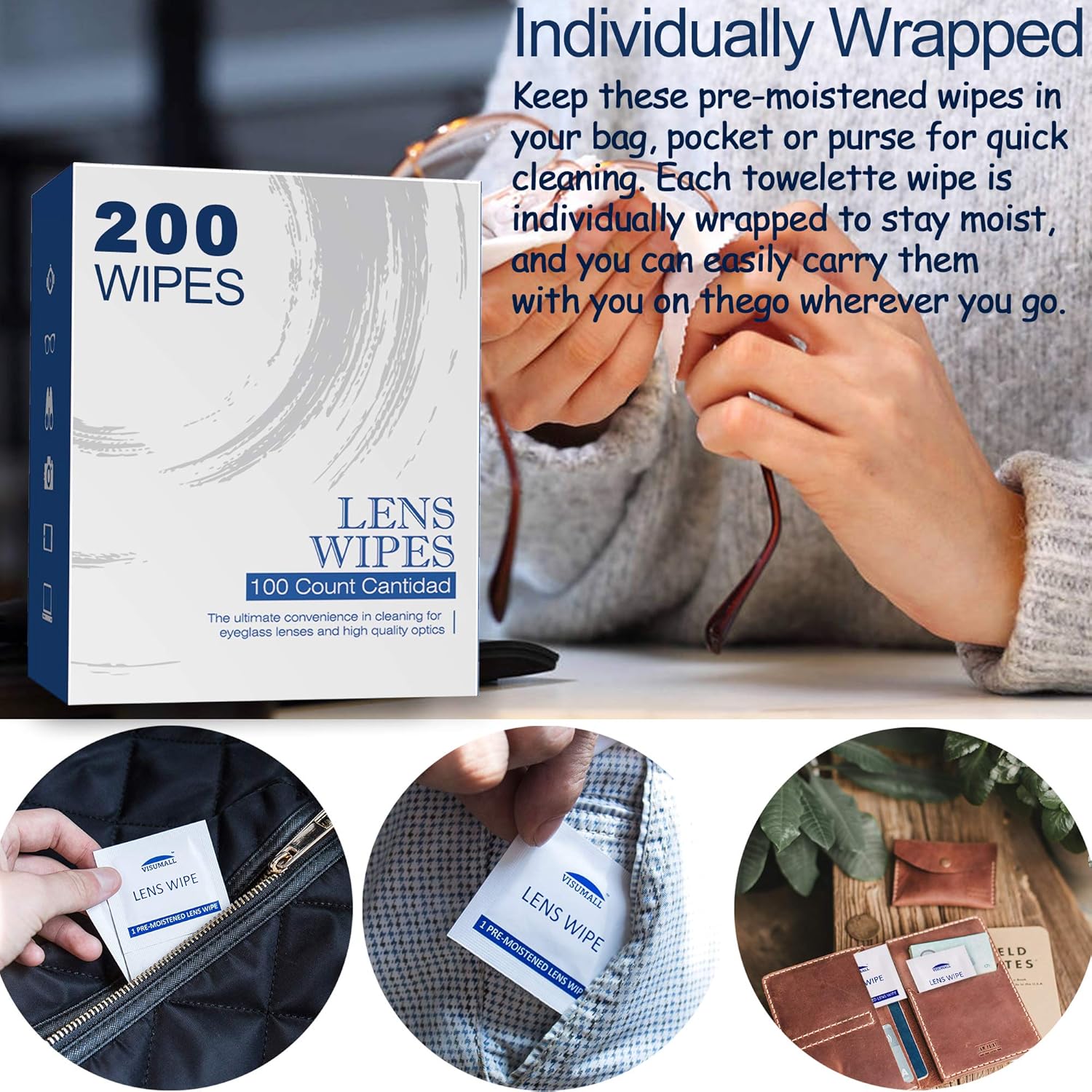 Eyeglass Cleaner Lens Cleaning Wipes-200 Individual Wrapped Pre-Moistened Glasses Cleaning Wipes | Suitable for Glasses, Sunglasse, Phone, Camera Lense, Computer Screen | Quick-Dry, Streak-Free: Health & Personal Care