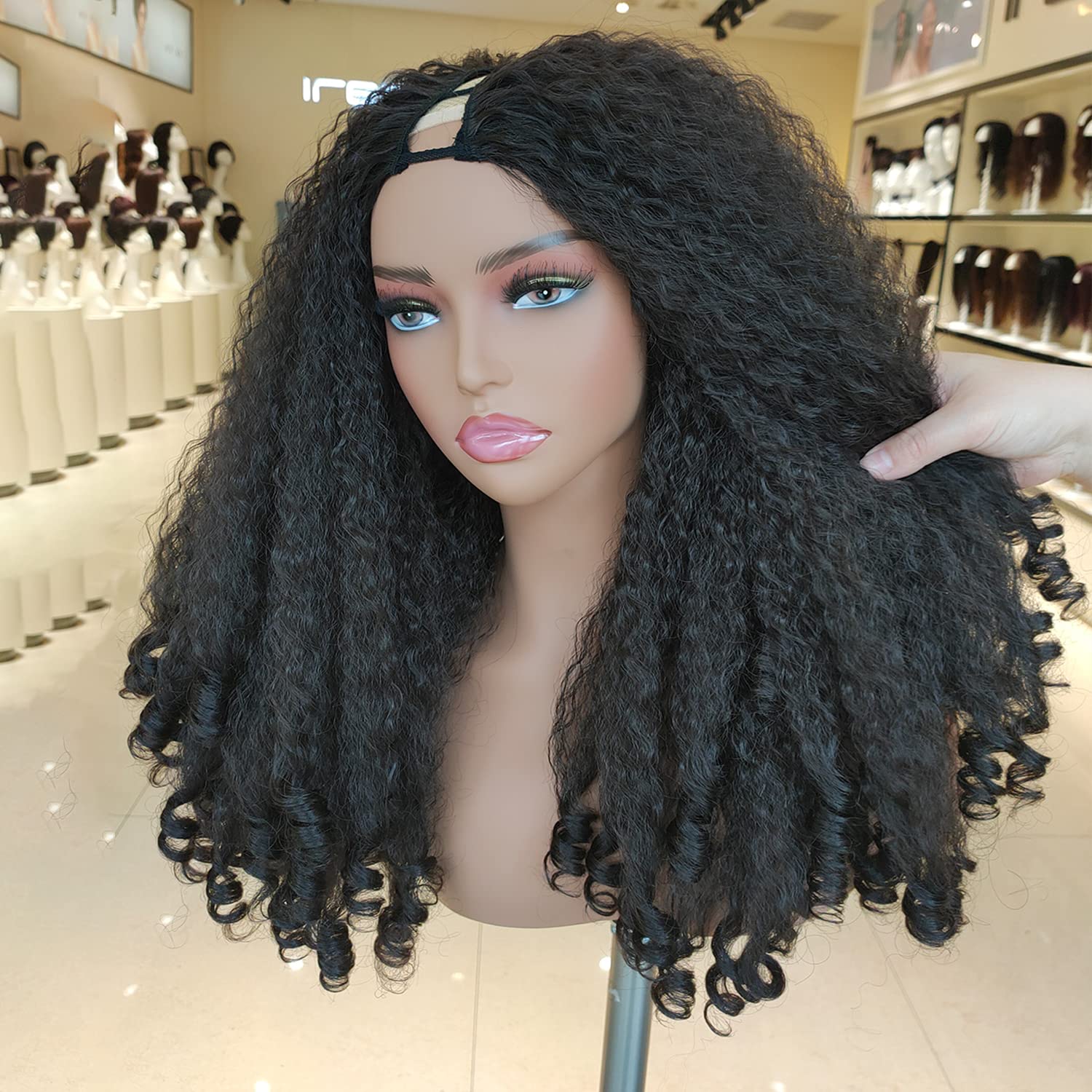 Photo 1 of New Afro Curly V Part Wig Synthetic Braided Hair Texture with Unique Bouncy Curls in the End 20 Inch Soft Curly Full Hair V Part Wigs Synthetic for Black Women No Leave out Clip in Half Wig