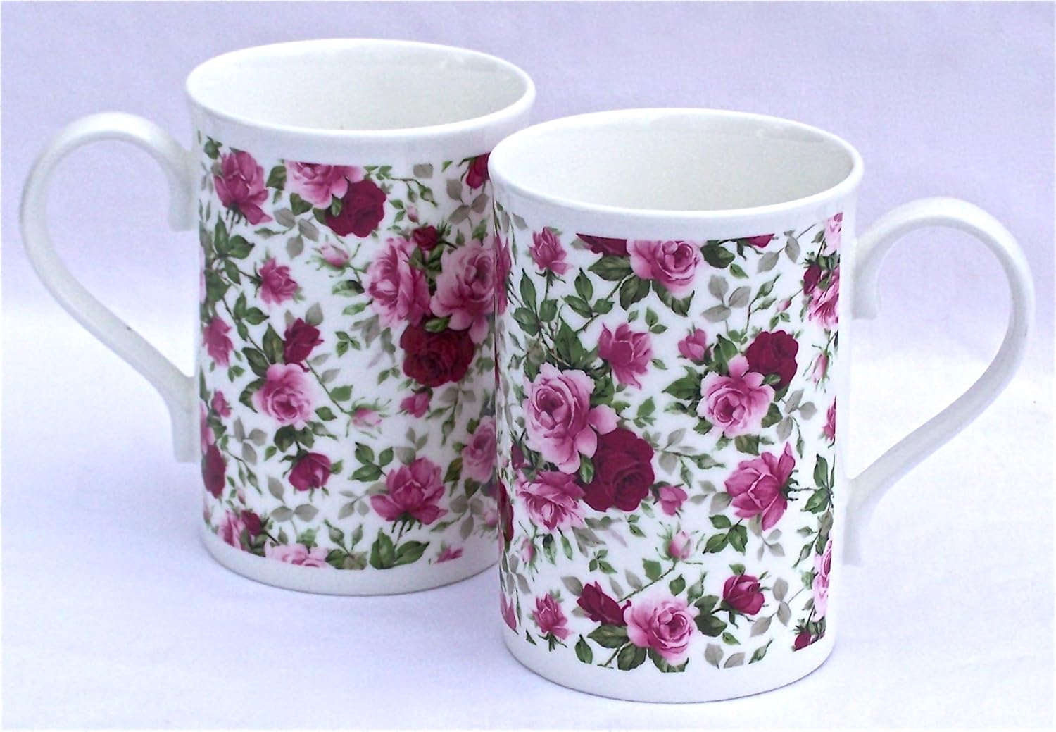 Rose Bloom Mugs Set Of 2 Fine Bone China Pink Roses Blue Version Mugs - View #10