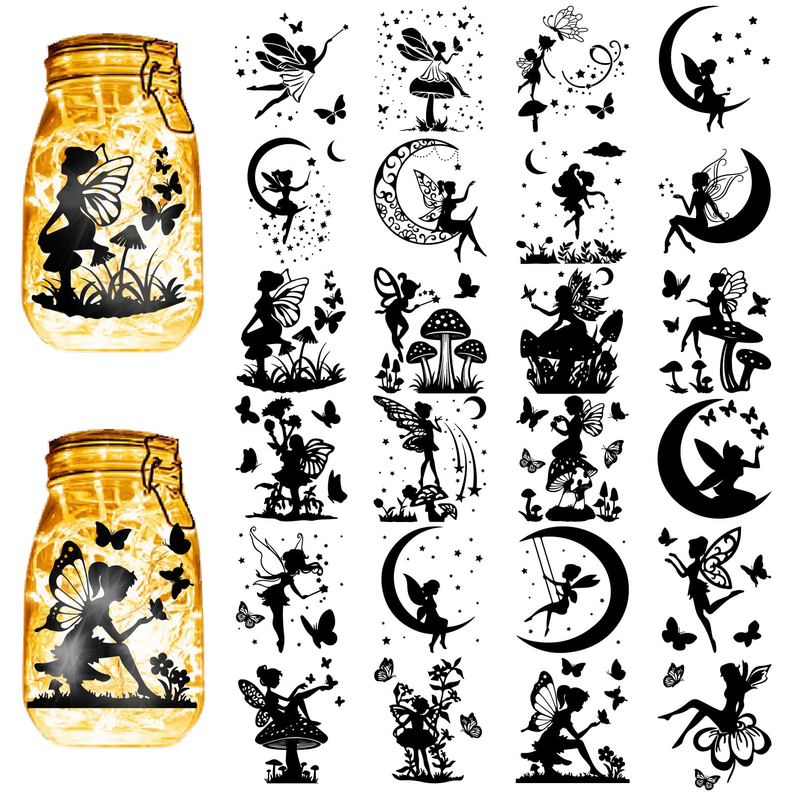 CREATCABIN 24Pcs Fairy Silhouettes Mason Jar Decor Butterflies Laser Cut Cardboard Scrapbook Cutouts Die Cuts PVC for Crafting Lantern Jars Wall Painting Windows Glass Phones 3.9x3.5Inch-No Sticker