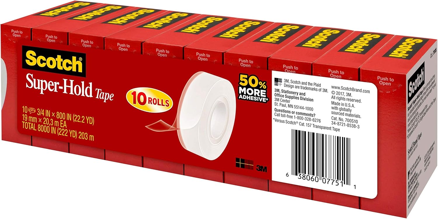 Scotch Super-Hold Tape, 10 Rolls, Transparent Finish, 50% More Adhesive, Trusted Favorite, 3/4 x 800 Inches, Boxed (700S10) : Office Products