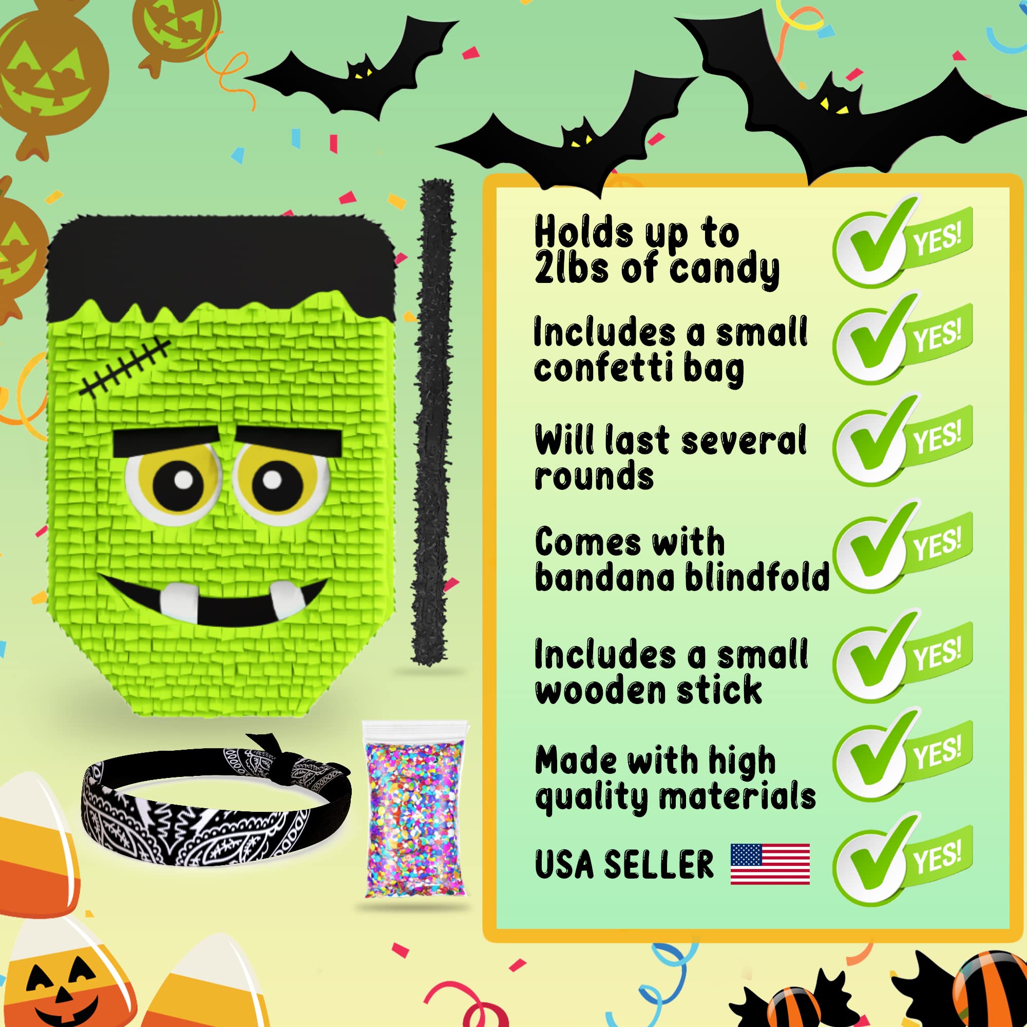 Cute Frankenstein Halloween Piñata 3-piece Bundle for kids and adults, fits 2lbs of candy, perfect for Halloween party, spooky decorations, October birthday and party supplies