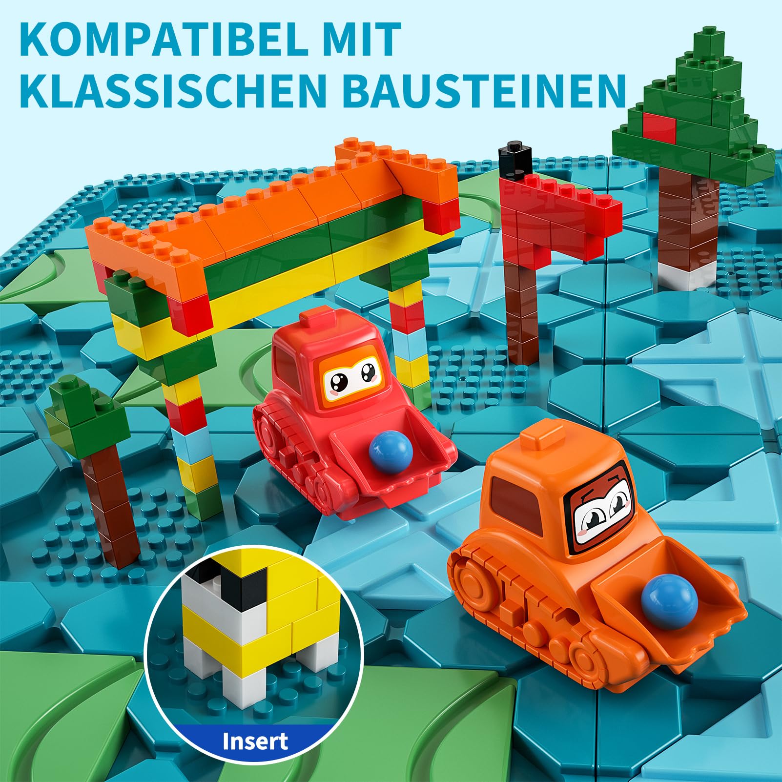 burgkidz Logischer Straßenbauer Brettspiel für Kinder 4 5 6 7 8 Jahre, 56 x 56 cm Großes Spielbrett Labyrinth Puzzle Logikspiel mit Rückzugbagger, STEM Geschenk Kinderspielzeug 4
