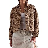 D-Sun Women Casual Denim Jacket Oversized Leopard Stars Printed Boyfriend Vintage Jean Jacket Coat with Pockets