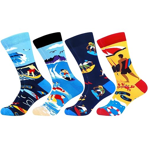 WeciBor Men's Colorful Funny Surfer Cotton Socks 4 Pack Funky Boy Gift 12-14