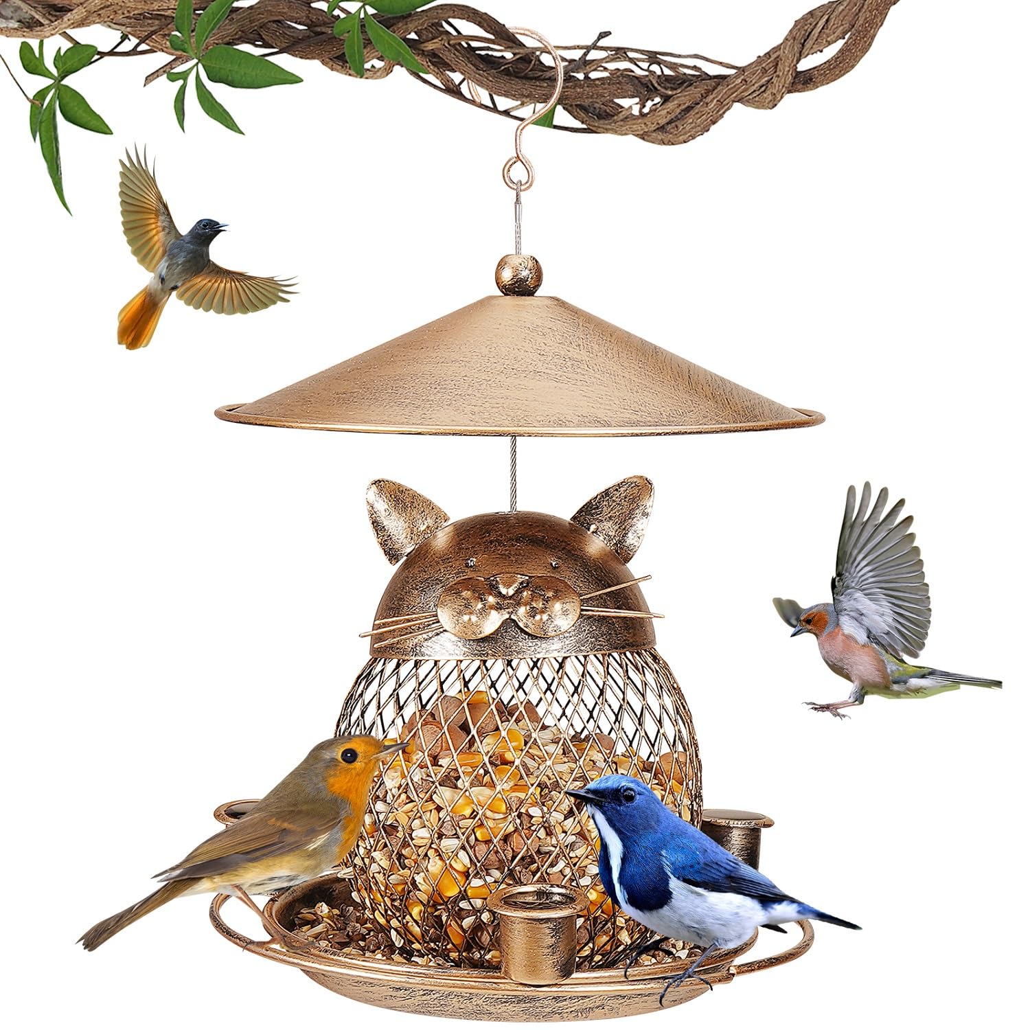 MLEPXBO Bird Feeders for Outdoors Hanging, Squirrel Proof Metal Wild Bird Feeder Decoration for Hanging Outside Garden Yard with 3 Water Cups, Gift Ideas for Bird Lovers