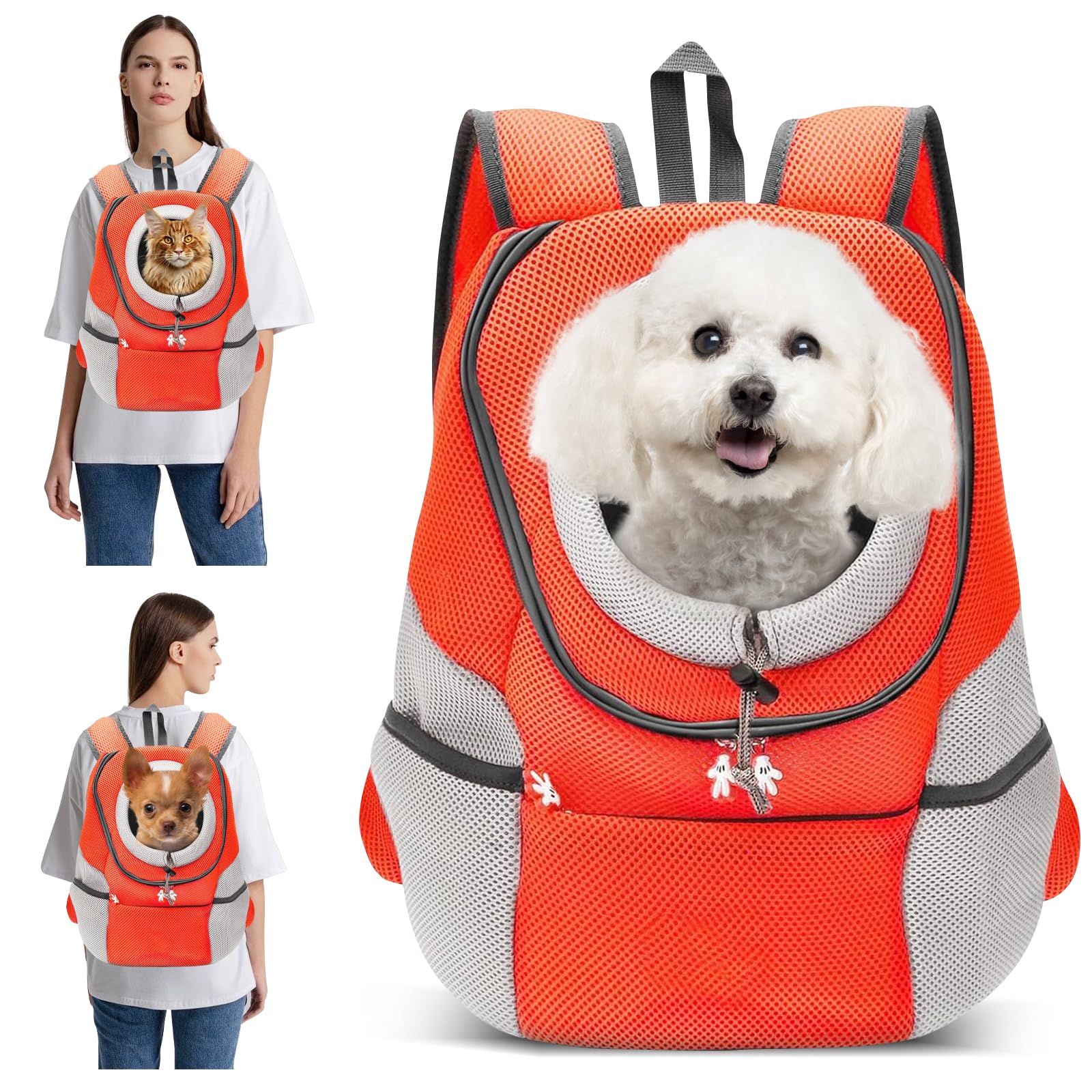 PETCUTE Breathable Pet Carrier Backpack for Small Dogs Cat Up to 6.8KG,Hands-Free Pet Travel Bag with Head-Out Design and Waterproof Bottom,Adjustable Cat Backpack for Hiking & Travel,Orange,M