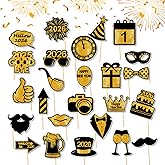 25 Pcs New Year Photo Booth Props 2026 New Year's Eve Party Supplies 2026 Black Gold Photobooth Props for DIY Masquerade Theme Party Decoration