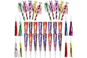Fancy Land 50 Pack Happy New Year Noise Makers Horns Tassel Squawkers 2026 Colorful Party Noisemaker Set Adults Kids Party NYE Party Favor Supplies Gold Black Silver