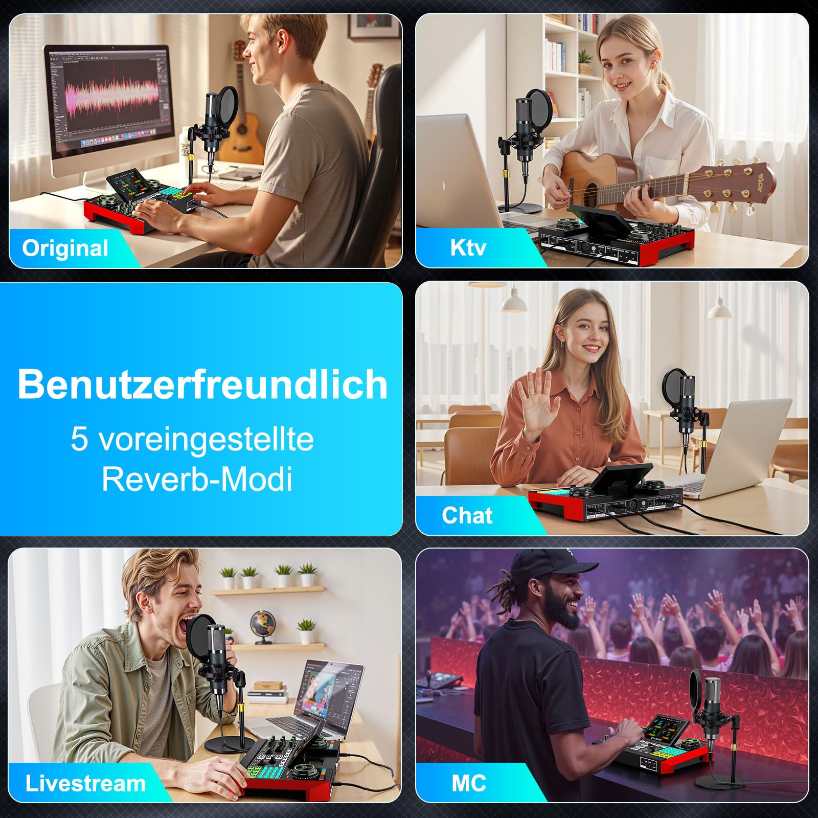Podcast Mikrofon Set mit Audio Mixer, 3,5mm Kondensator Mikrofon für Streaming & Gesang, Voice Changer, Rauschunterdrückung, Plug & Play für PC, Handy, YouTube & TikTok Creator 6