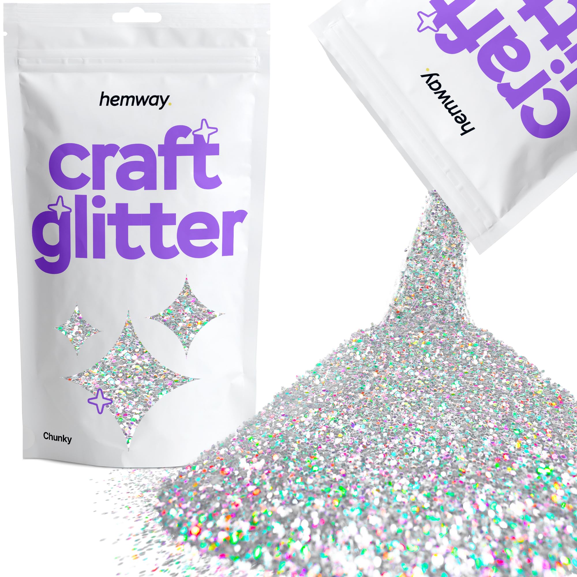 Hemway Craft Glitter Silver Holographic 100g Chunky Glitter for Crafts, Resin, Cosmetic, Nail, Face, Body, Festival, Tumblers, Art, Candle, Crafting