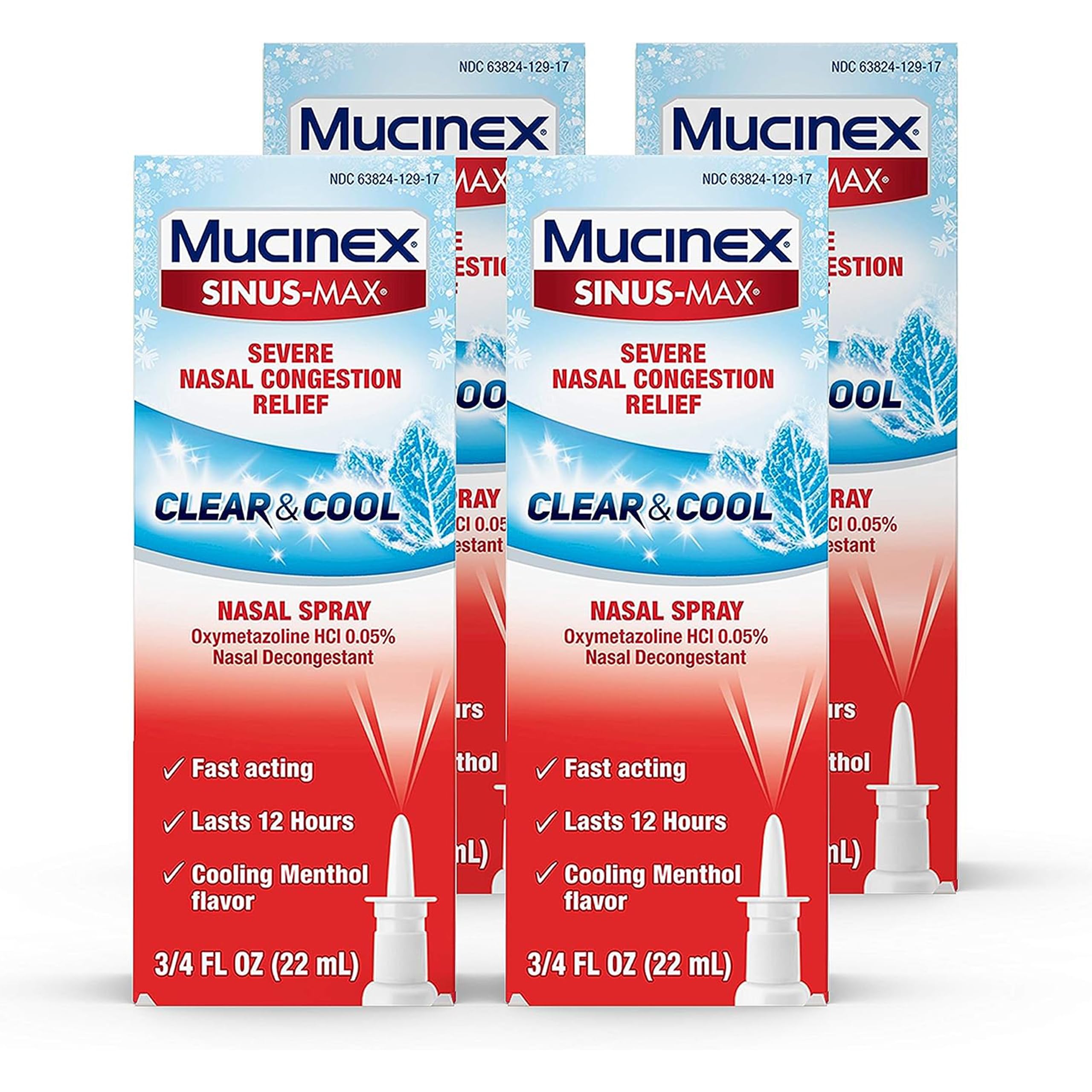 Mucinex Nasal Decongestant Spray, Sinus-Max Severe Nasal Congestion Relief Clear & Cool Nasal Spray, Lasts 12 Hours, Fast Acting, Cooling Menthol Flavor, Packaging May Vary, 0.75 Fl Oz (Pack of 4)