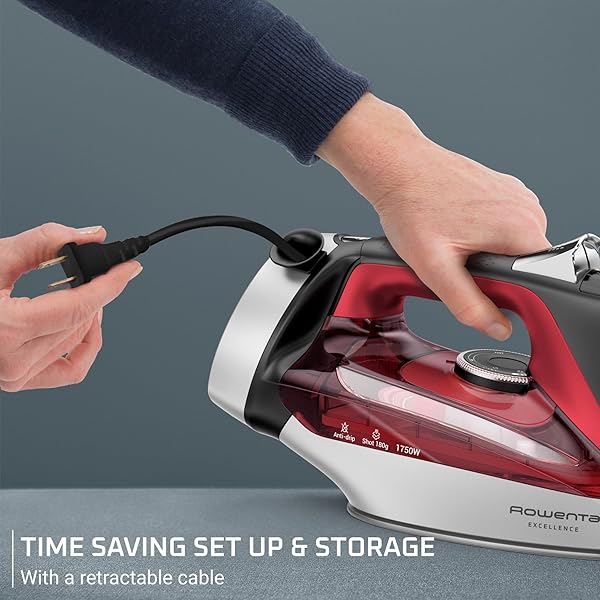 ROWENTA IRON, FOCUS EXCELLENCE STAINLESS STEEL SOLEPLATE STEAM IRON FOR CLOTHES, RETRACTABLE CORD, 400+ MICROSTEAM HOLES, POWERFUL STEAM, LED DISPLAY, 1750 W IRONING CLOTHES, CORDREEL, RED DW5433
