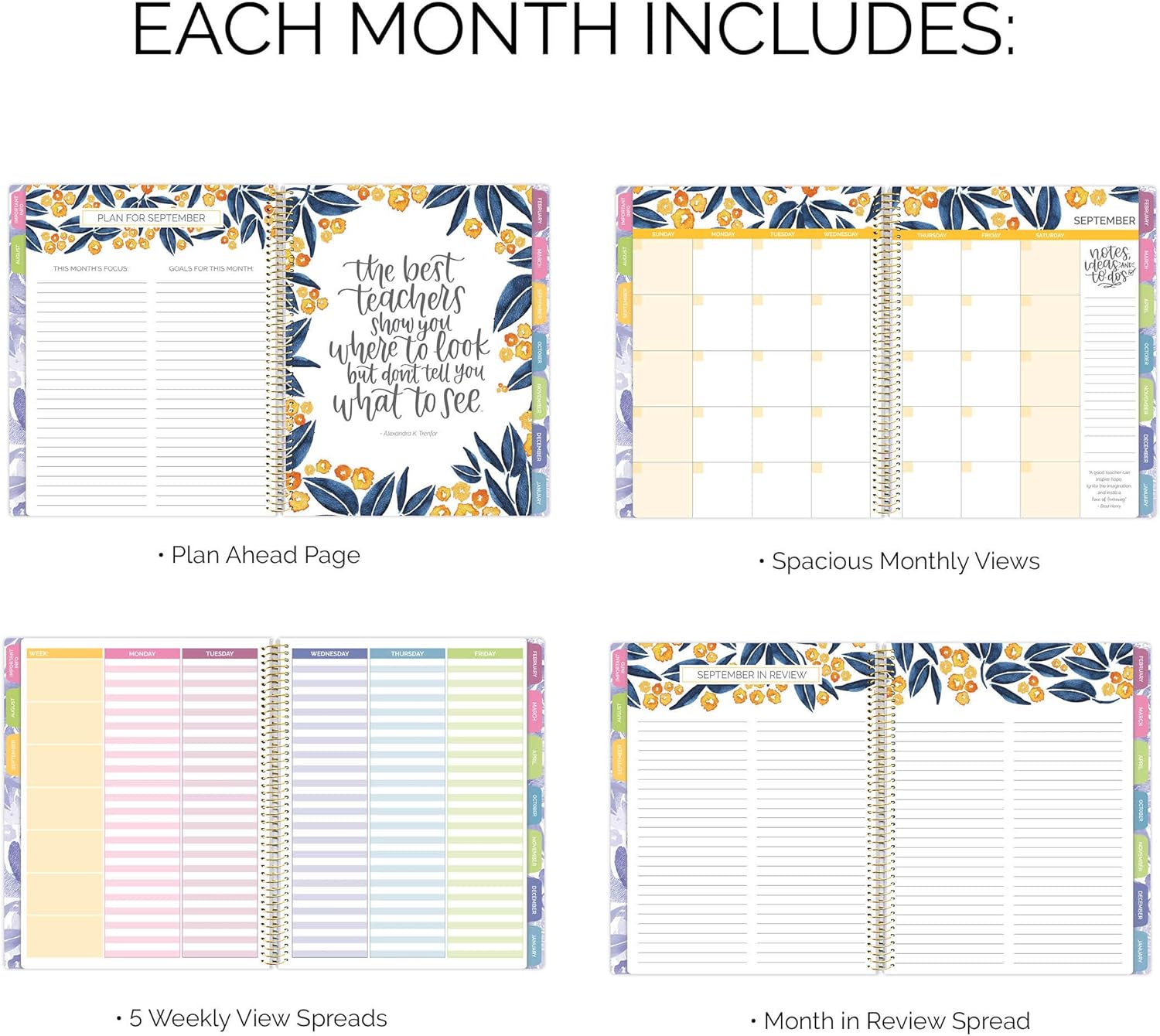 bloom daily planners Undated Academic Year Teacher Planner - Lesson Plan Calendar Book - 9" x 11" - Watercolor Floral : Office Products
