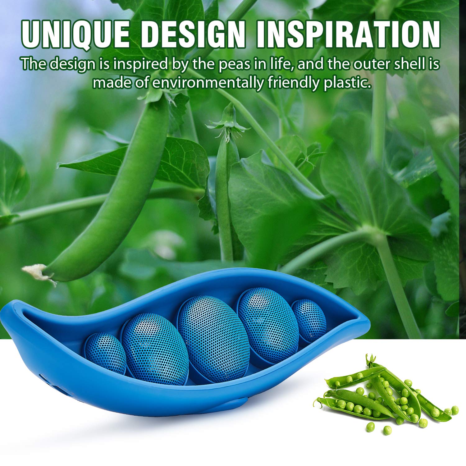 Bluetooth Speaker with Superior Stereo Sound, Exclusive Pea Appearance, 5-Watts, 24-Hour Playtime, Perfect Wireless Speaker for Home (Blue)