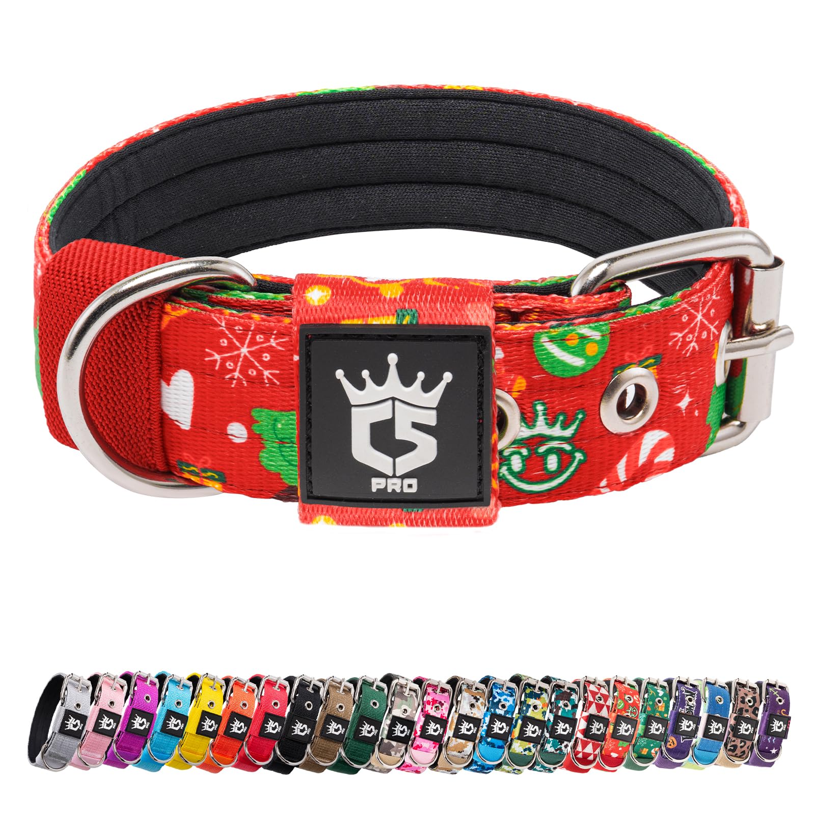 TSPRO Heavy Duty Tactical Dog Collar 1.25" Wide, Padded Dog Collar with Metal Buckle, Adjustable for Walking Training Outdoor for Small Dogs (Christmas Red, S)