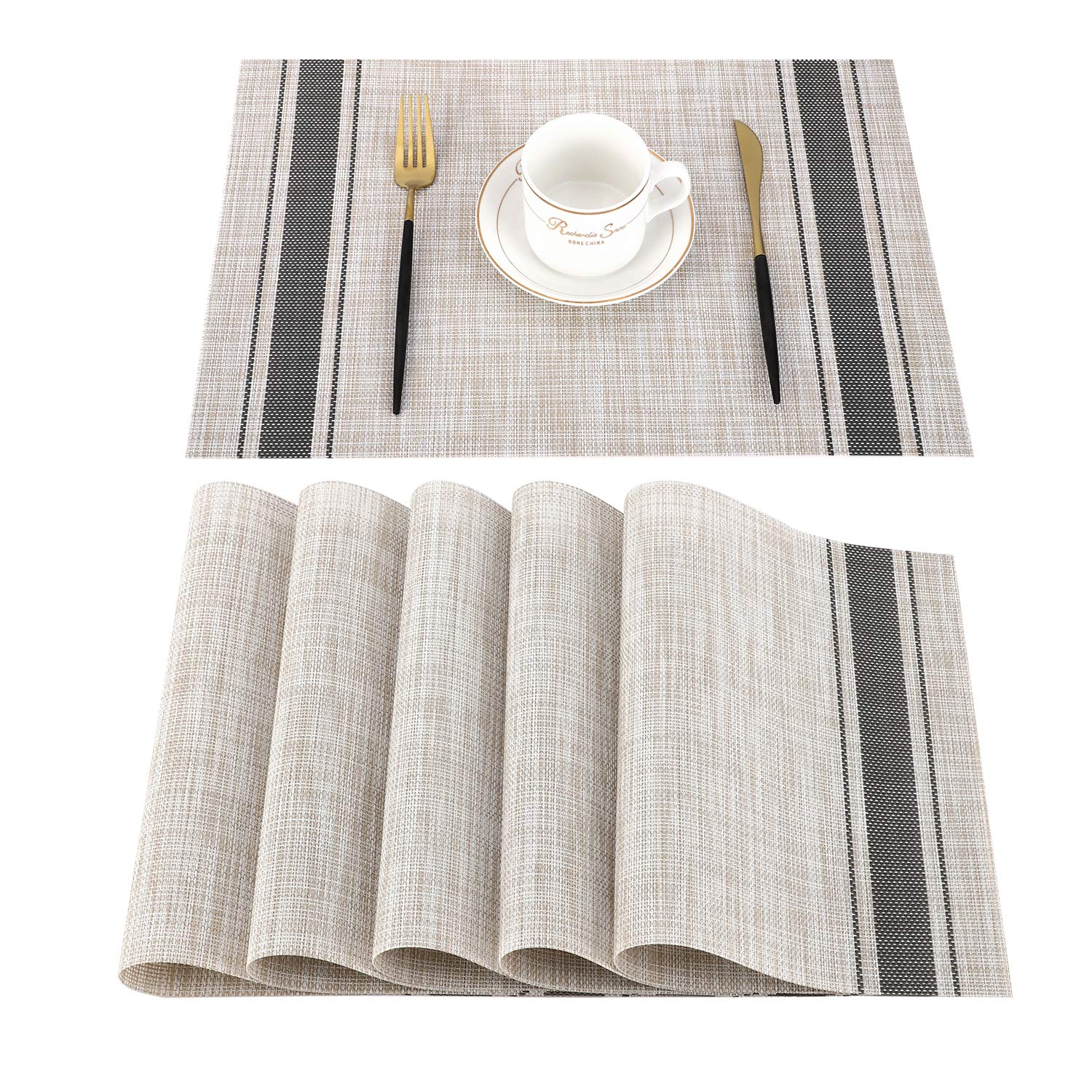 OUME Placemats Set of 6 Dining Table Mats Woven Vinyl PVC Placemats Non-slip Heat-resistant Washable Place Mats