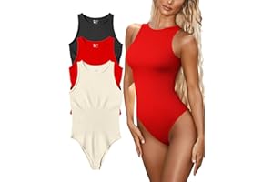 OQQ Women's 3 Piece Bodysuits Sexy Ribbed One Piece Sleeveless Halter Neck Tops Leotard Summer Trendy