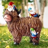 Suzile Garden Gnomes Statues Decor 9.84'' Highland Cow Garden Statues Resin Gnome Sitting on Highland Cow Birthday Gifts for Woman Mom for Home Table Yard Patio Lawn Porch
