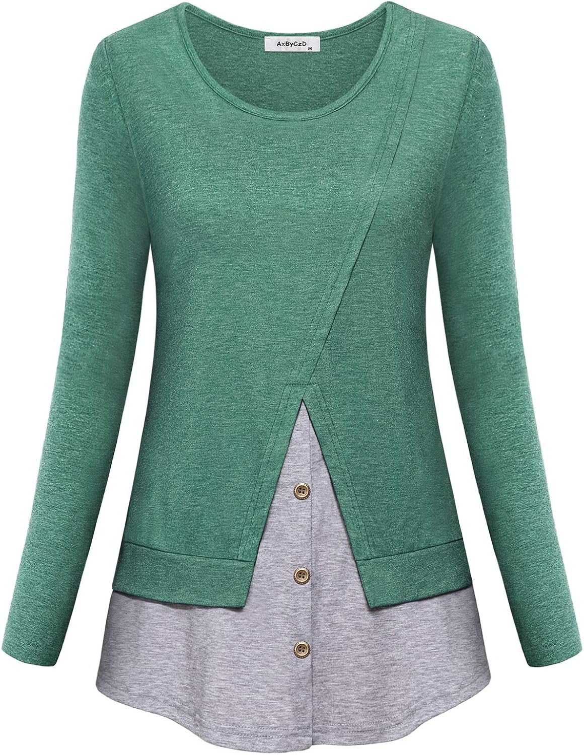 AxByCzD Womens Long Sleeve Button Décor Tunic Color Block Casual Tops