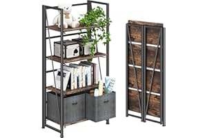 4NM No Assembly Folding Bookshelf Storage Shelves 4 Tiers Vintage Bookcase Standing Racks Study Organizer Home Office (Rustic Brown Black)