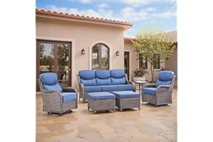 BELLEFURN Swivel Patio Chairs sofa Set of 6 - 6" Thick Cushion - Wicker Outdoor Swivel Rocker Patio Chair ,Sofa/Glass coffee table, High Back Comfortable Outdoor Glider Chairs - Brown Wicker Blue Cushions