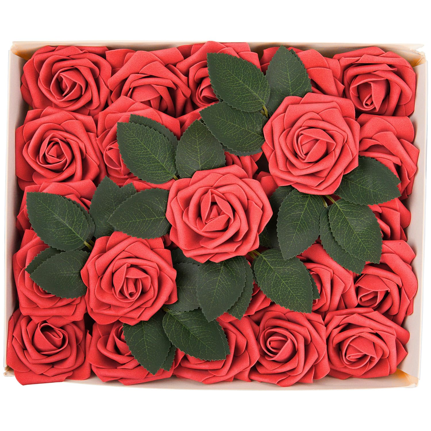 PetalPunch Fake Roses Artificial Flowers - Pack of 25 Artificial Roses with stem and 8 Leaves, Foam Latex Rose Fake Flowers for Wedding Bouquets & Table Centerpieces (Red Roses)