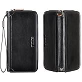 Men's Genuine Leather Zipper Wallet with RFID Blocking, Phone Pocket,Long Zipper Pouch Wallet (Black)