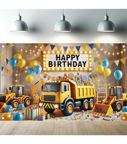Toile De Fond Fête Anniversaire Thème Chantier/engins De Construction - 180x120 Cm (70.8x45in) En Polyester - Décoration Murale - 10
