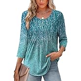 XIEERDUO 3/4 Length Sleeve Tops for Women 2026 Crewneck Casual Pleated Tunic Tops Shirts Blouses