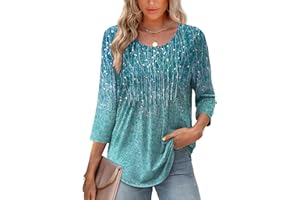 XIEERDUO 3/4 Length Sleeve Tops for Women 2025 Crewneck Casual Pleated Tunic Tops Loose Fit Shirts Blouses