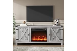 YESHOMY Fireplace TV Stand with Two Barn Doors and Storage Cabinets for Televisions up to 65+ Inch, Entertainment Center Console Table, Media Furniture for Living Room, 58 Inch, Gray Wash