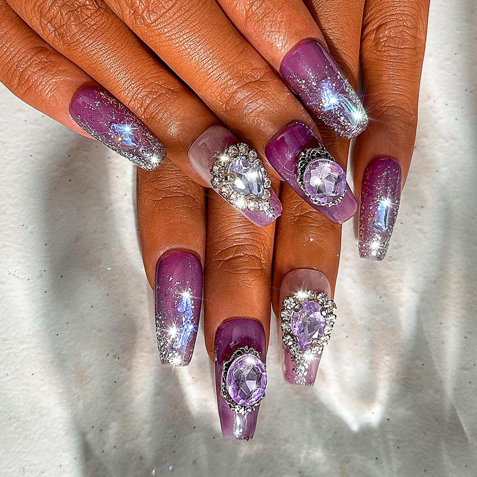 Sethexy Luxury Purple Rhinestone Long Coffin Fake Nail 3D Crystal Handmade False Nails Aurora Glitter Planet Press on Nails Salon Durable Quality Nails for Women and Girls(H)