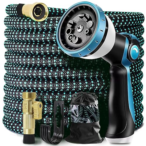 Expandable Garden Hose 100ft Flexible Water Hose, 10 Function Sprayer Nozzle, 3/4 Inch Solid Metal Fittings Lawn Yard Garden Outdoor Hose (100ft, Black and Blue)