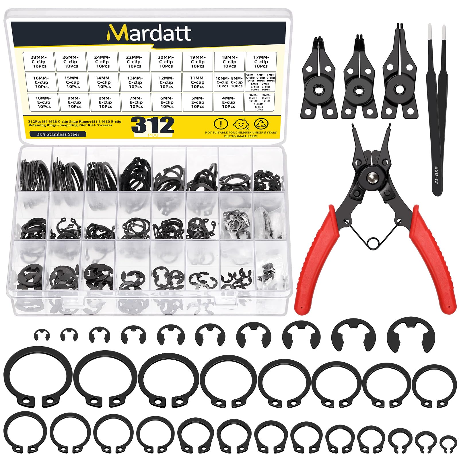 Photo 1 of Mardatt 312Pcs 21 Sizes C-clip External Retaining Rings Snap Rings Assortment Set(M4-M28) with 10 Sizes E-Clip Retaining Rings Assortment Set(1.5mm-10mm), 4 in 1 Snap Ring Pliers and Tweezer