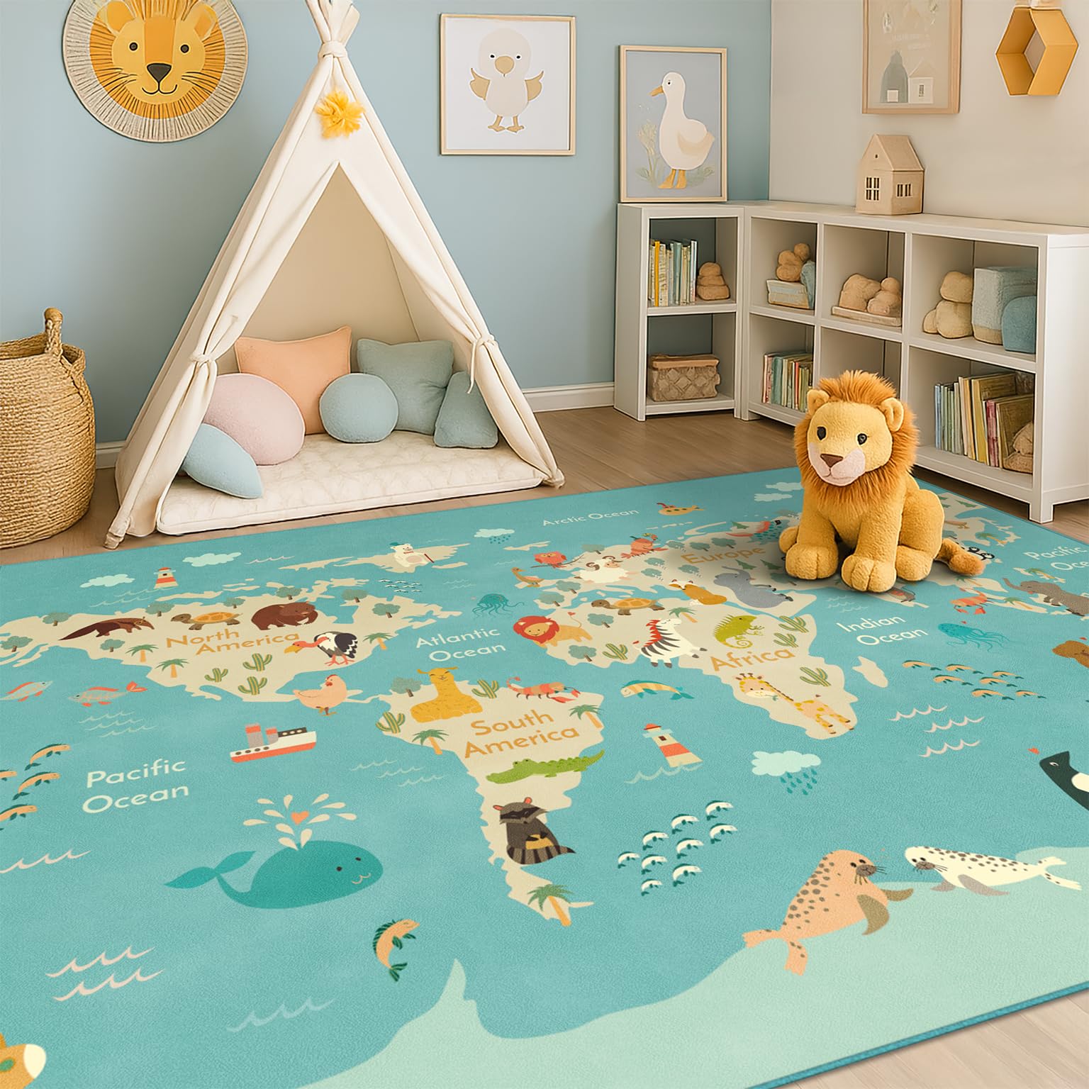 Washable Kids Playroom Rug – 5x7 Play Rug for Preschool Toddlers, Baby Girls, Educational with Cute Animals – Non-Slip, Stain Resistant, Soft & Safe for Bedroom, Play Room and Classroom - Blue
