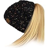C.C BeanieTail Soft Stretch Cable Knit Messy High Bun Ponytail Beanie Hat, Confetti Black