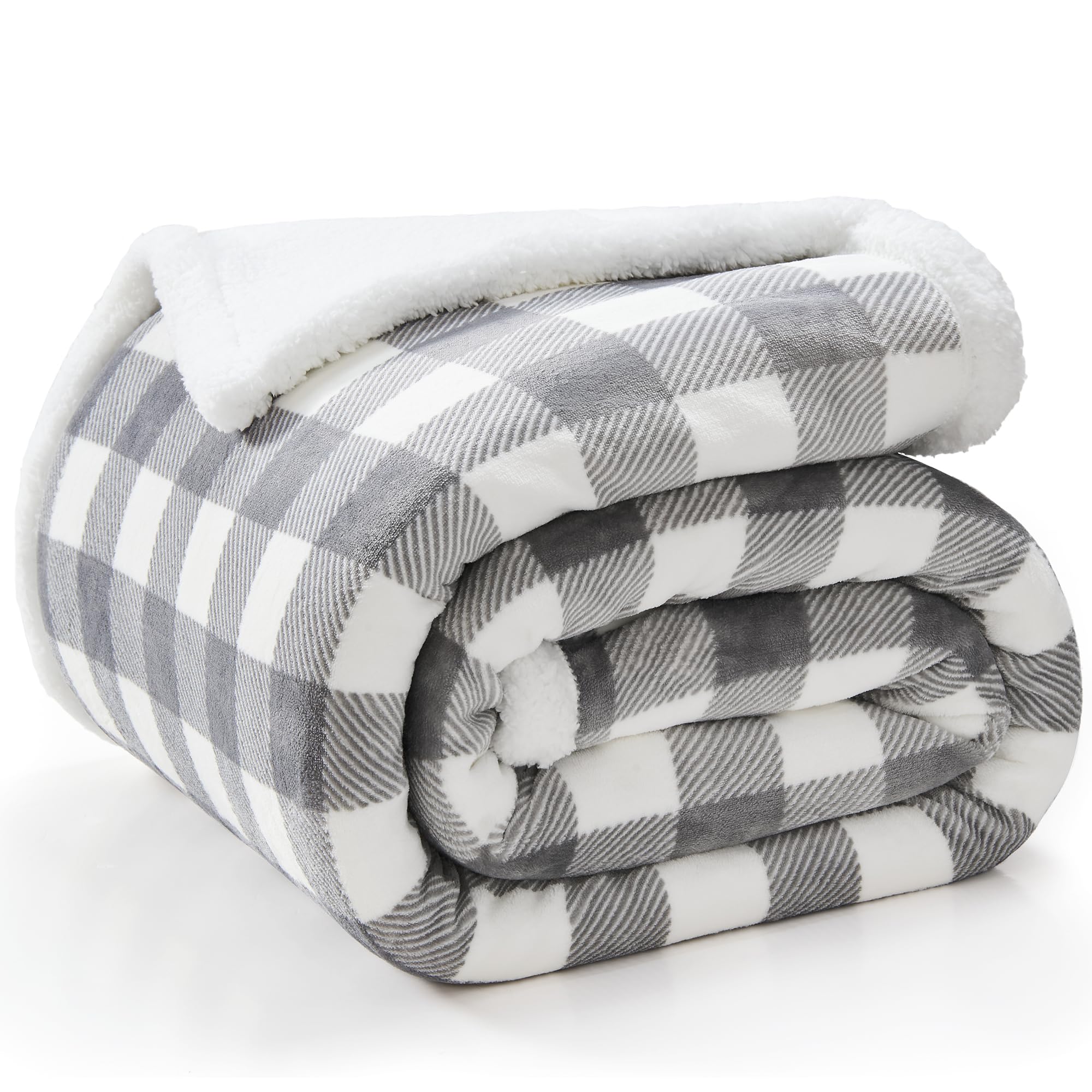 BEDELITE Sherpa Fleece Blankets King Size - Grey and White Buffalo Plaid Christmas Blanket, Super Soft Cozy Warm Thick Winter Blanket for Couch and Bed, 108" x 90" Image