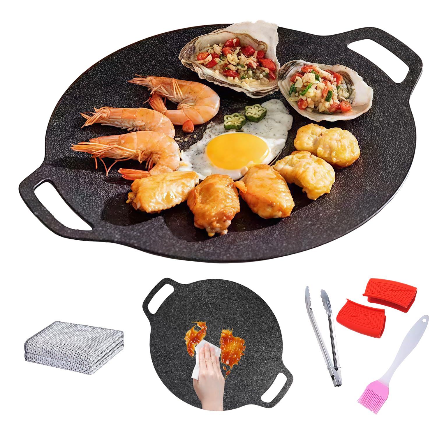 Photo 1 of Korean Grill Pan with Nonstick 6-Layer Coating, Abnaok 13" Round BBQ Griddle with 2PCS Steel Wire Cleaning Cloth, Compatible for Induction, Gas Stove, Electric Cooktop, Indoor or Outdoor Grilling