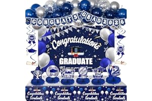 Blue Graduation Decorations 2026, Class of 2026 Graduation Party Decorations Blue Silver Balloons Congrats Grad Banner Backdr