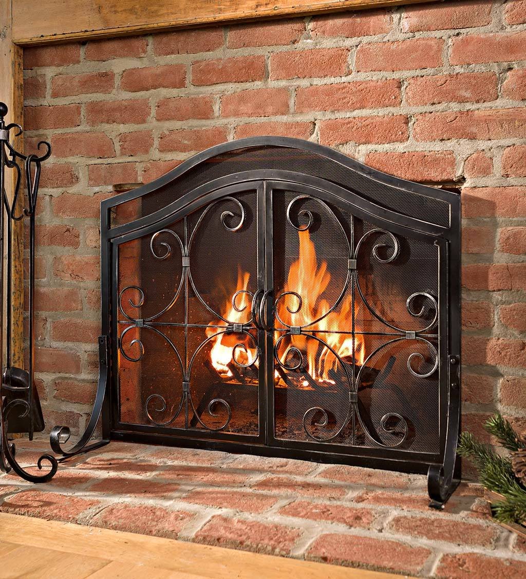 Small Crest Fireplace Screen with Doors, Solid Wrought Iron Frame with