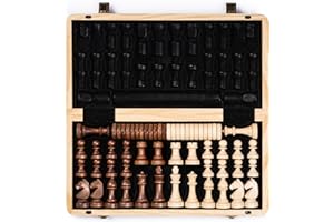 A&A 15" Magnetic Wooden Chess & Checkers Set/Folding Board / 3" King Height German Knight Staunton Chess Pieces/Walnut & Mapl
