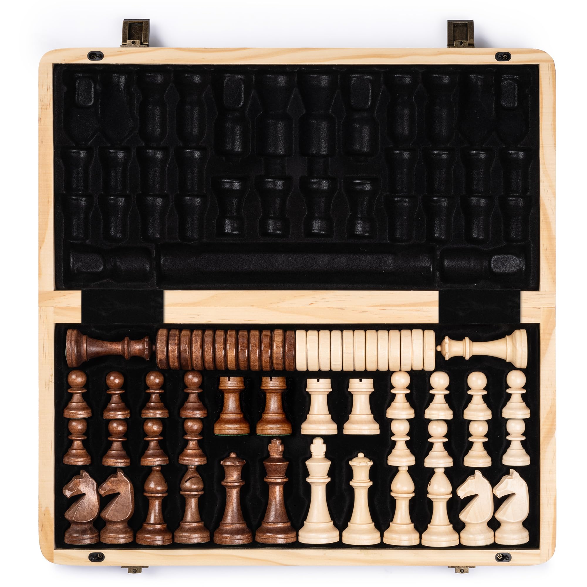 A&A 15" Magnetic Wooden Chess Set/Folding Board / 3" King Height German Knight Staunton Chess Pieces/2 Extra Queen
