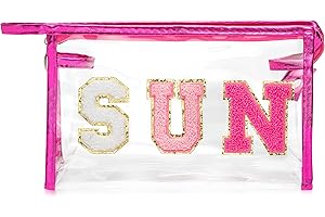 Y1tvei Preppy Patch SUN Varsity Letter Cosmetic Toiletry Bag Transparent PVC Zipper Makeup Bag Clutch Purse Portable Waterproof Travel Organizer Compliant Bag for Women Girls Teens(Rose Red)