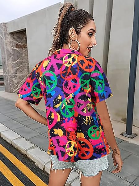 HIPPIE BUTTON DOWN SHIRT WOMEN: 70S HIPPY SHIRTS PEACE SIGN GRAPHIC TEE HIPPIE LOVER GIFTS VINTAGE SHORT SLEEVE TOPS
