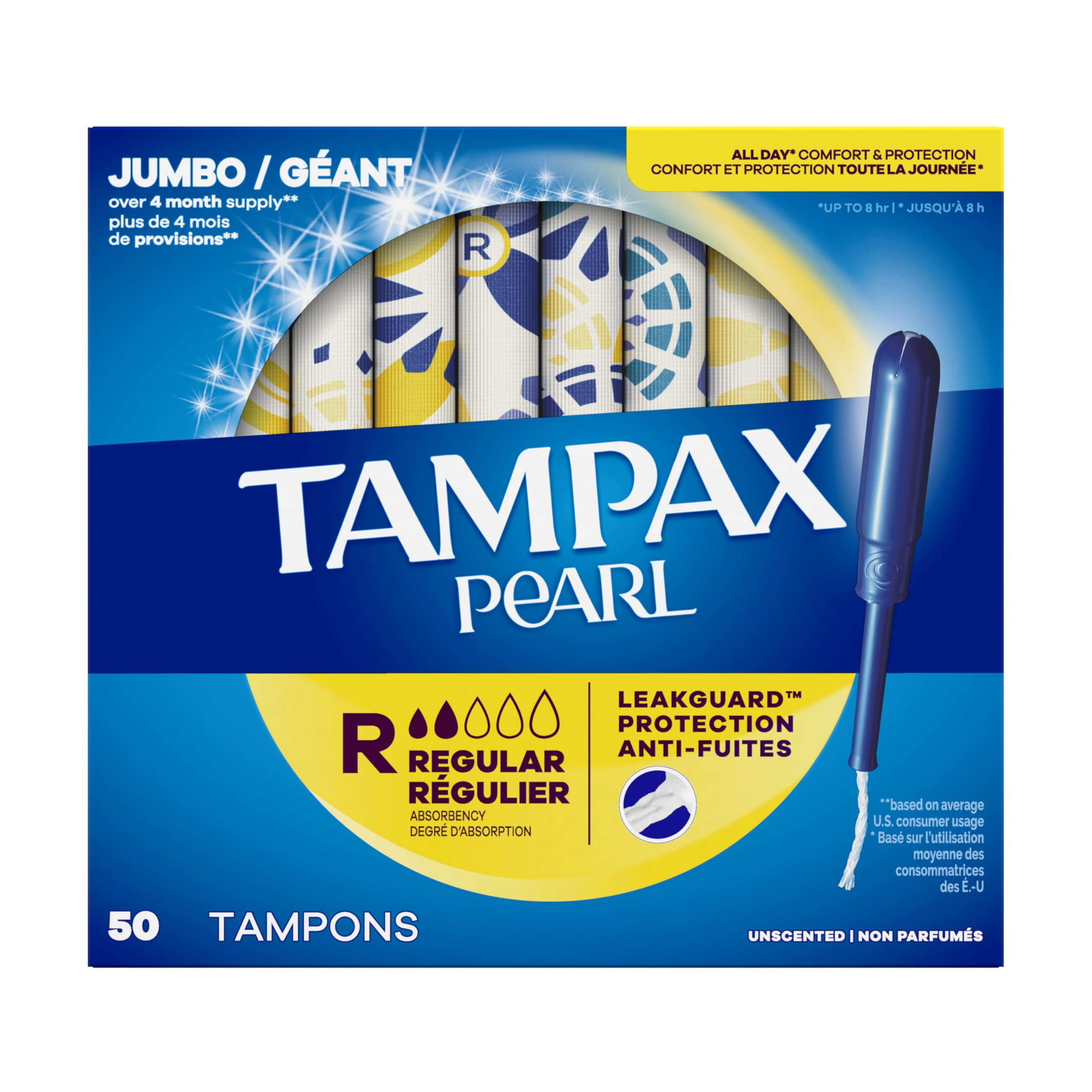 Tampax Pearl Tampons for Women, with LeakGuard Braid, Regular Absorbency, Unscented, 50 Count